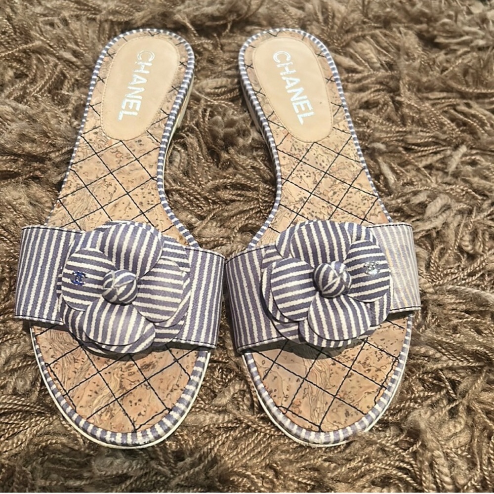 CHANEL Striped Sandals in Blue and Tan